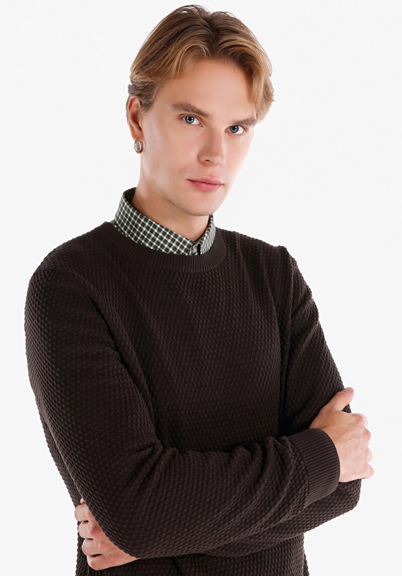 Regular Fit Yuvarlak Yaka Jakarlı Erkek Kahverengi Kazak