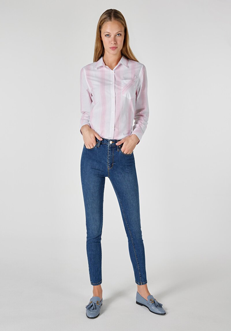 Super Slim Fit Orta Bel Süper Dar Paça Kadın İndigo Jean Pantolon