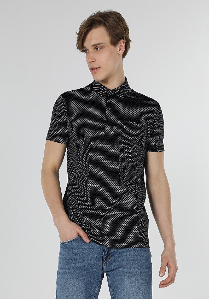 Regular Fit Polo Yaka Baskılı Erkek Lacivert Kısa Kol Tişört