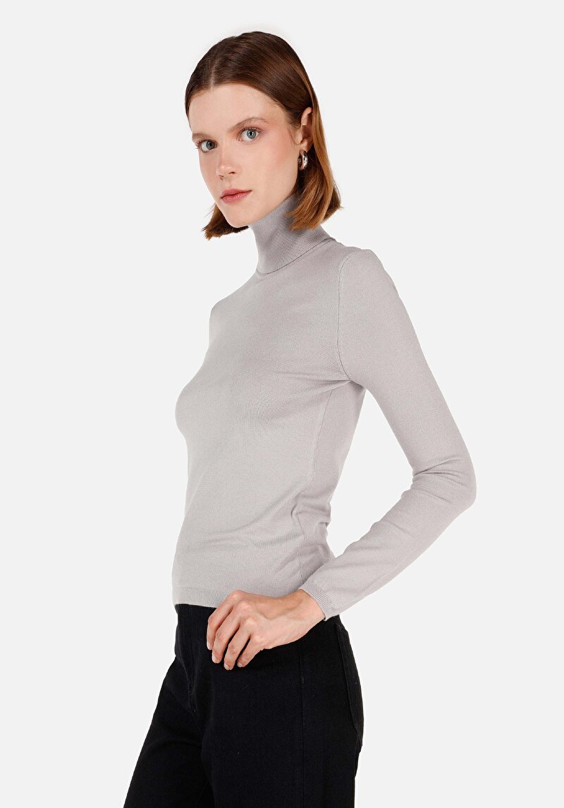 Slim Fit Balıkçı Yaka Kadın Gri Kazak