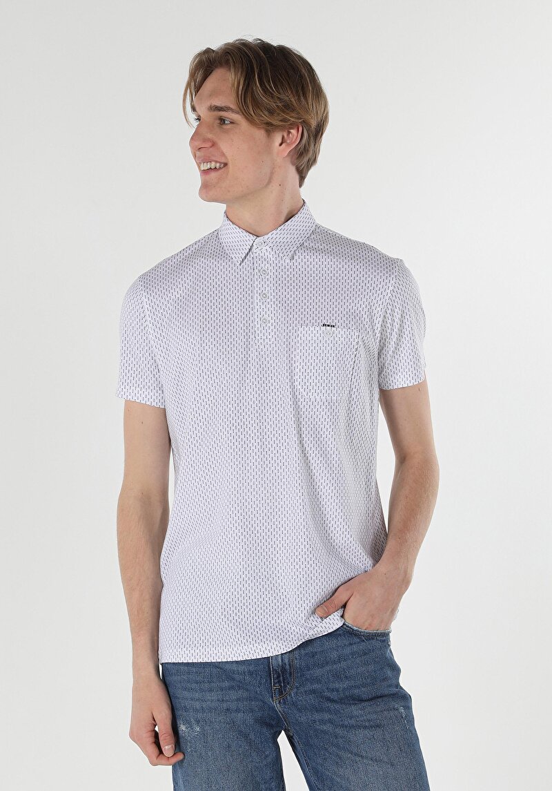 Regular Fit Polo Yaka Baskılı Örme Erkek Beyaz Kısa Kol Tişört