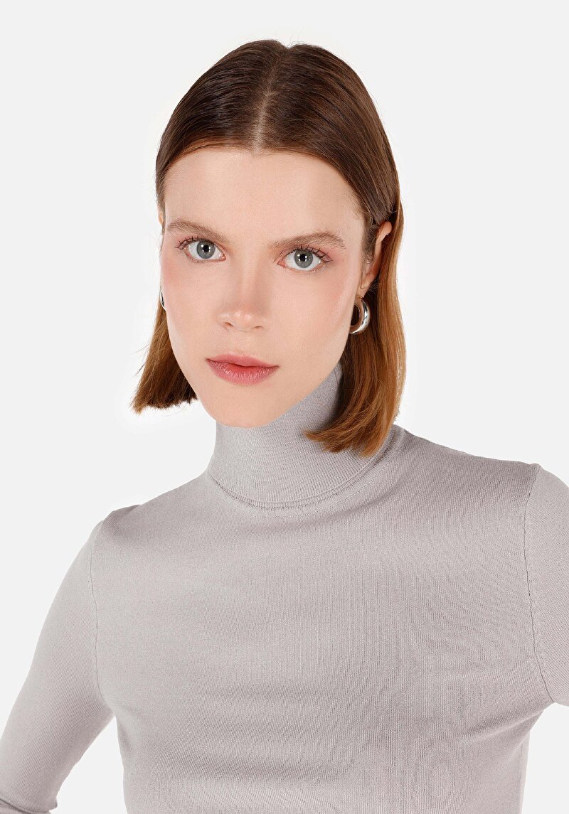 Slim Fit Balıkçı Yaka Kadın Gri Kazak