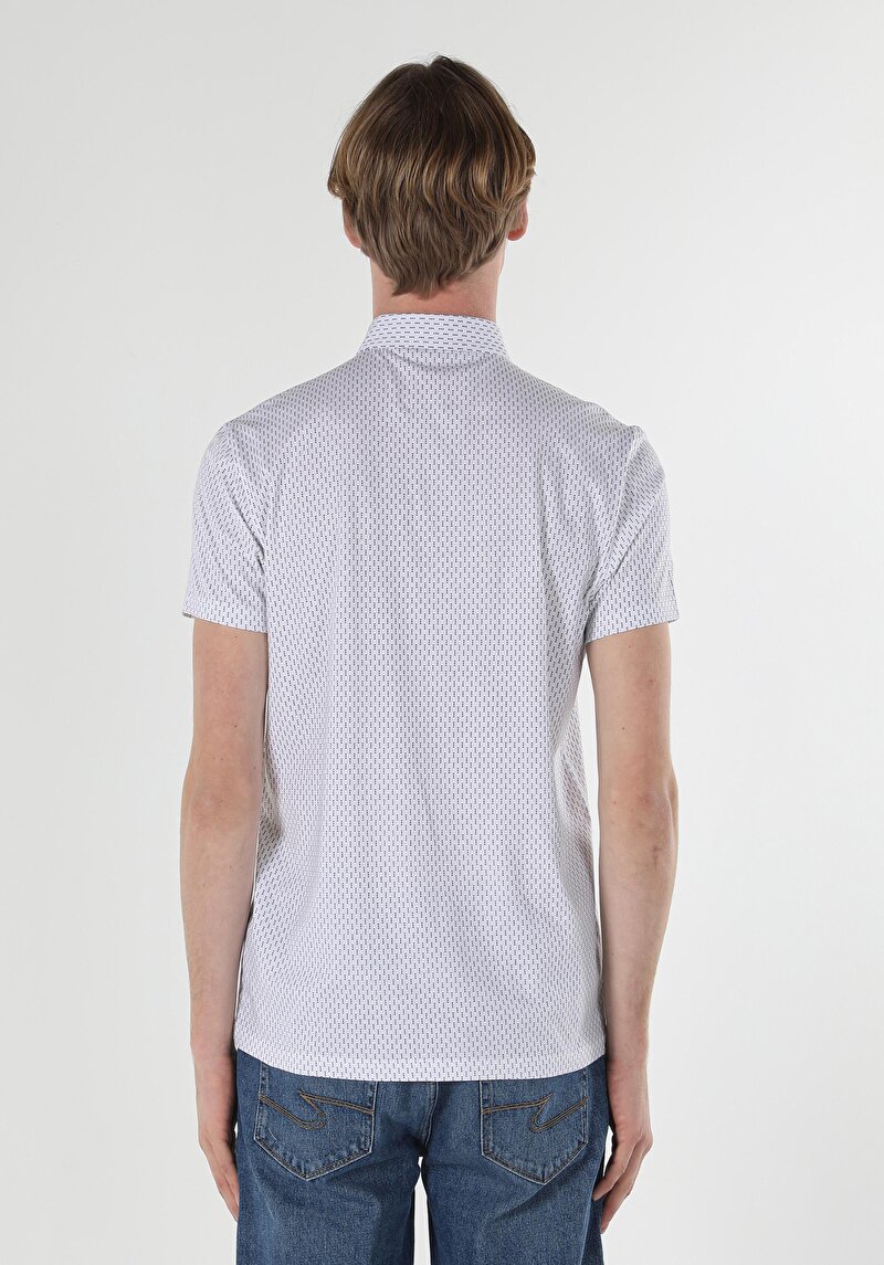Regular Fit Polo Yaka Baskılı Örme Erkek Beyaz Kısa Kol Tişört