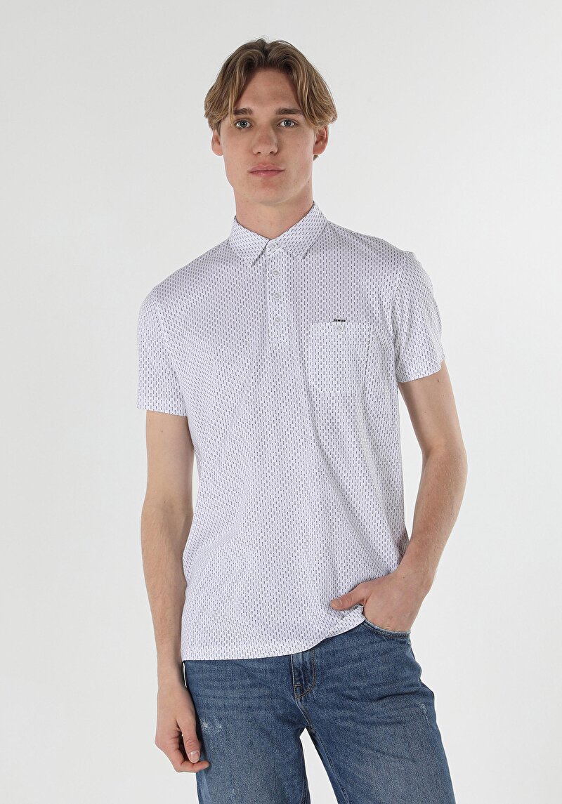Regular Fit Polo Yaka Baskılı Örme Erkek Beyaz Kısa Kol Tişört