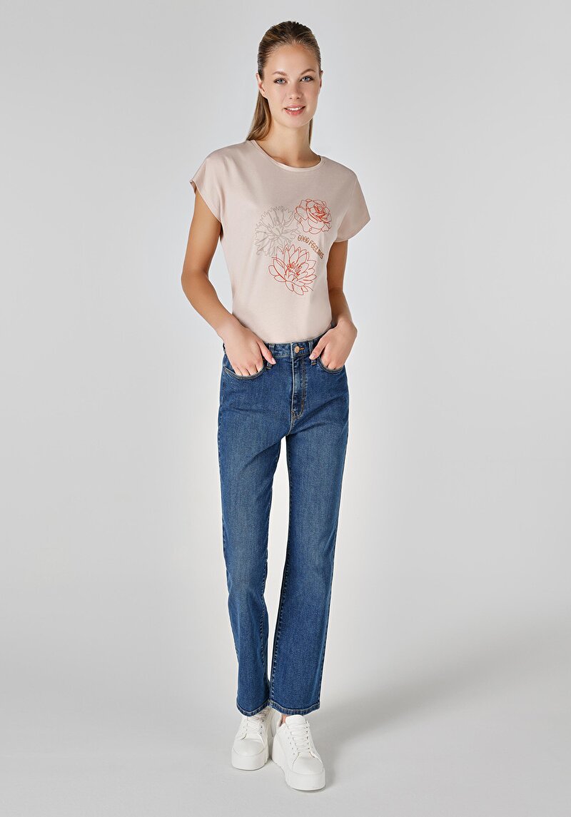 Regular Fit Orta Bel Slim Straight Leg Kadın İndigo Jean Pantolon