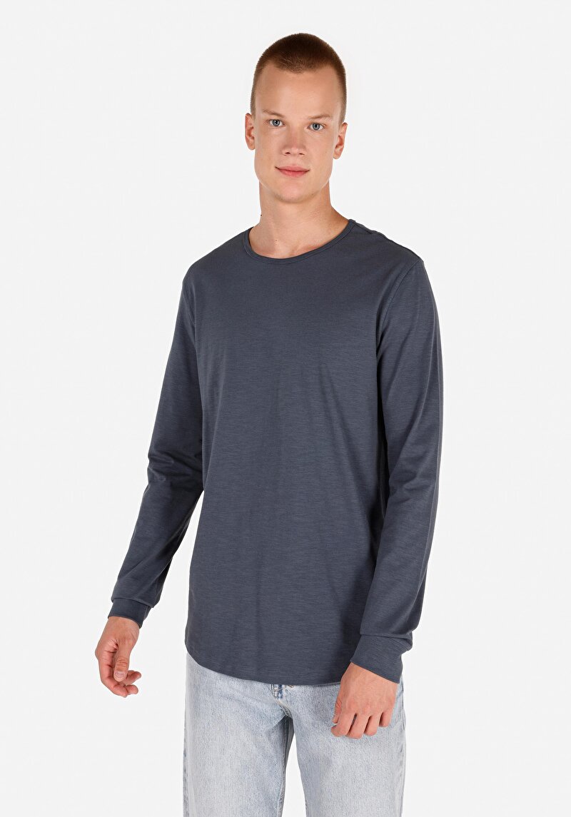 Regular Fit Yuvarlak Yaka Düz Erkek Mavi Uzun Kol Tişört