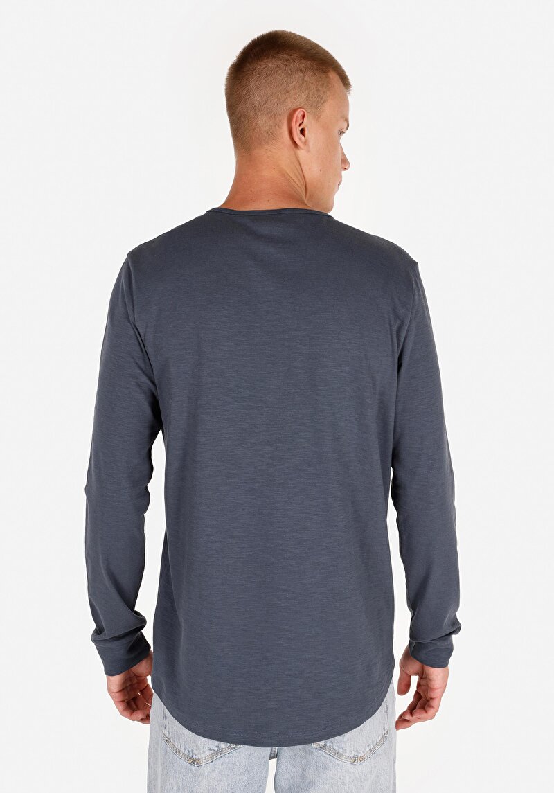 Regular Fit Yuvarlak Yaka Düz Erkek Mavi Uzun Kol Tişört