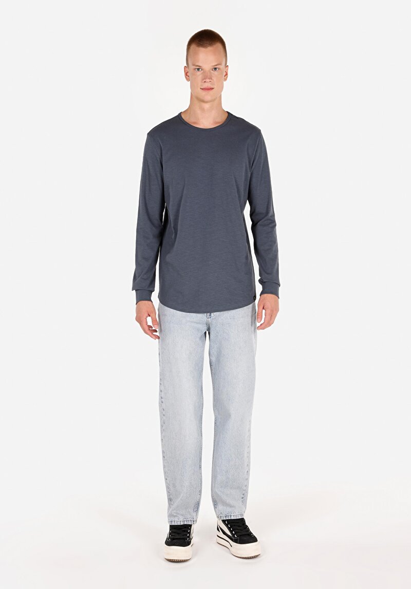 Regular Fit Yuvarlak Yaka Düz Erkek Mavi Uzun Kol Tişört