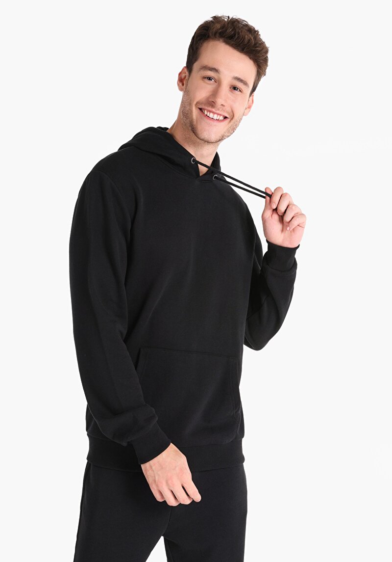 Regular Fit Düz Erkek Siyah Sweatshirt