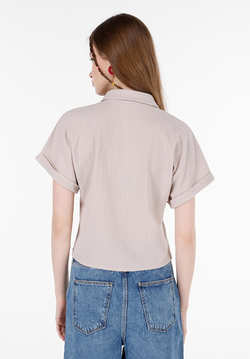 Regular Fit Shirt Neck Düz Kadın Bej Kısa Kol Tişört