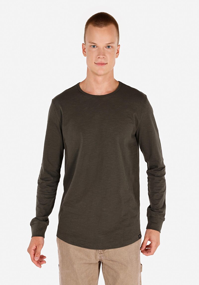 Regular Fit Yuvarlak Yaka Düz Erkek Yeşil Uzun Kol Tişört