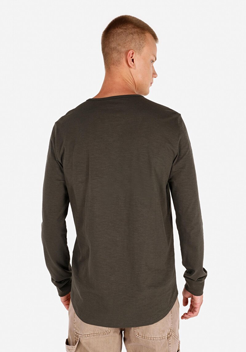 Regular Fit Yuvarlak Yaka Düz Erkek Yeşil Uzun Kol Tişört