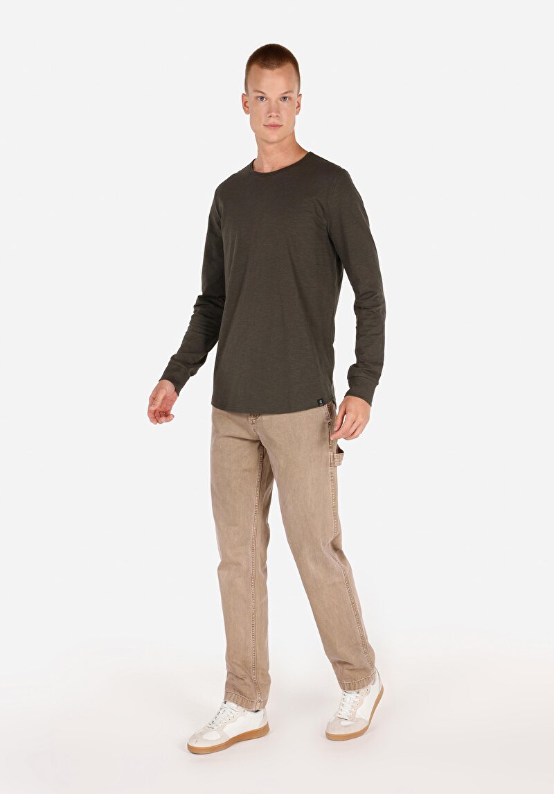 Regular Fit Yuvarlak Yaka Düz Erkek Yeşil Uzun Kol Tişört