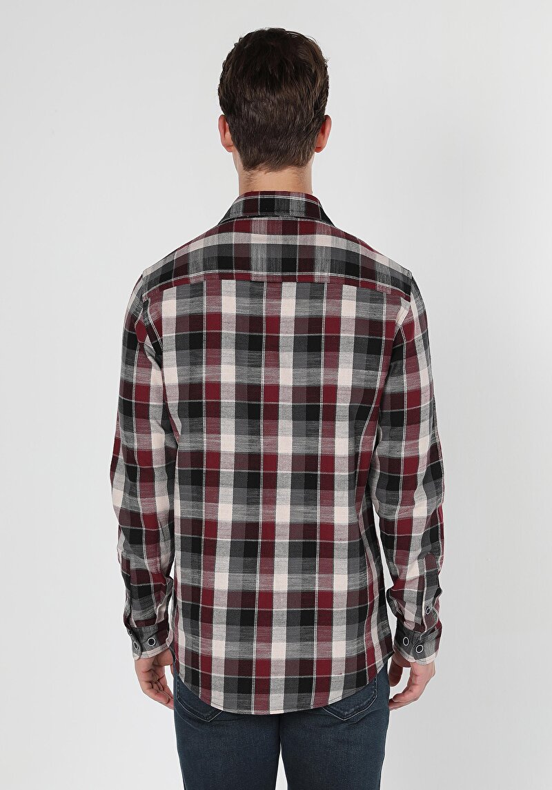 Regular Fit Shirt Neck Ekoseli Erkek Bordo Uzun Kol Gömlek