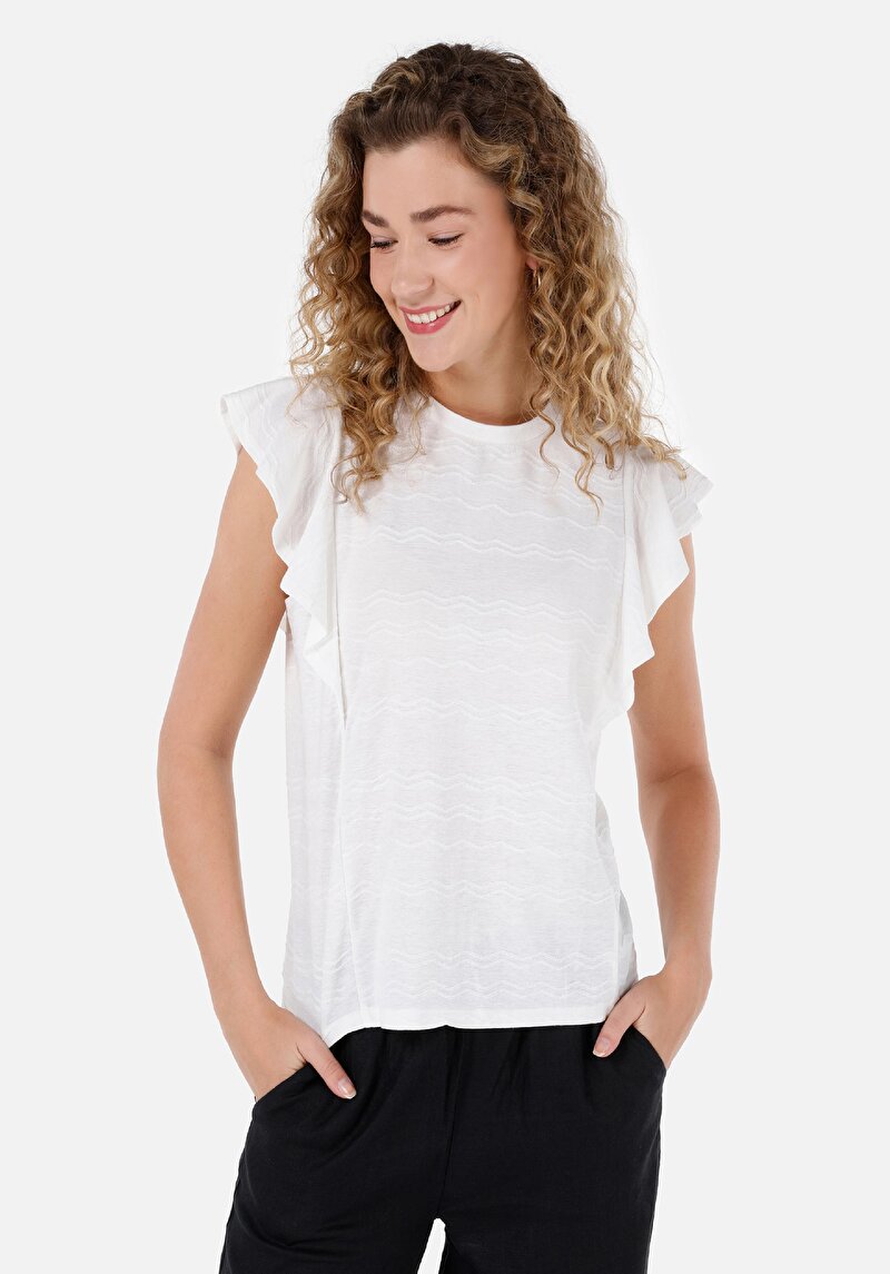 Regular Fit Yuvarlak Yaka Jakarlı Kadın Beyaz Kısa Kol Tişört