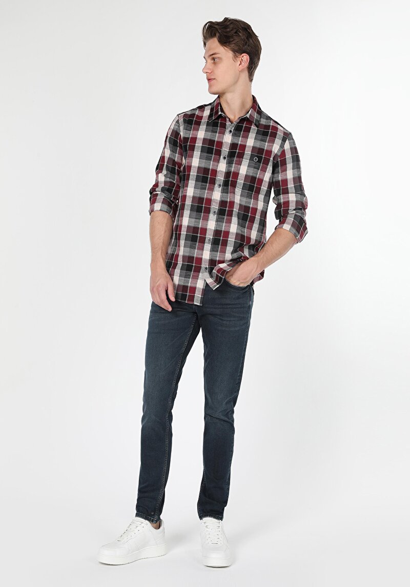 Regular Fit Shirt Neck Ekoseli Erkek Bordo Uzun Kol Gömlek