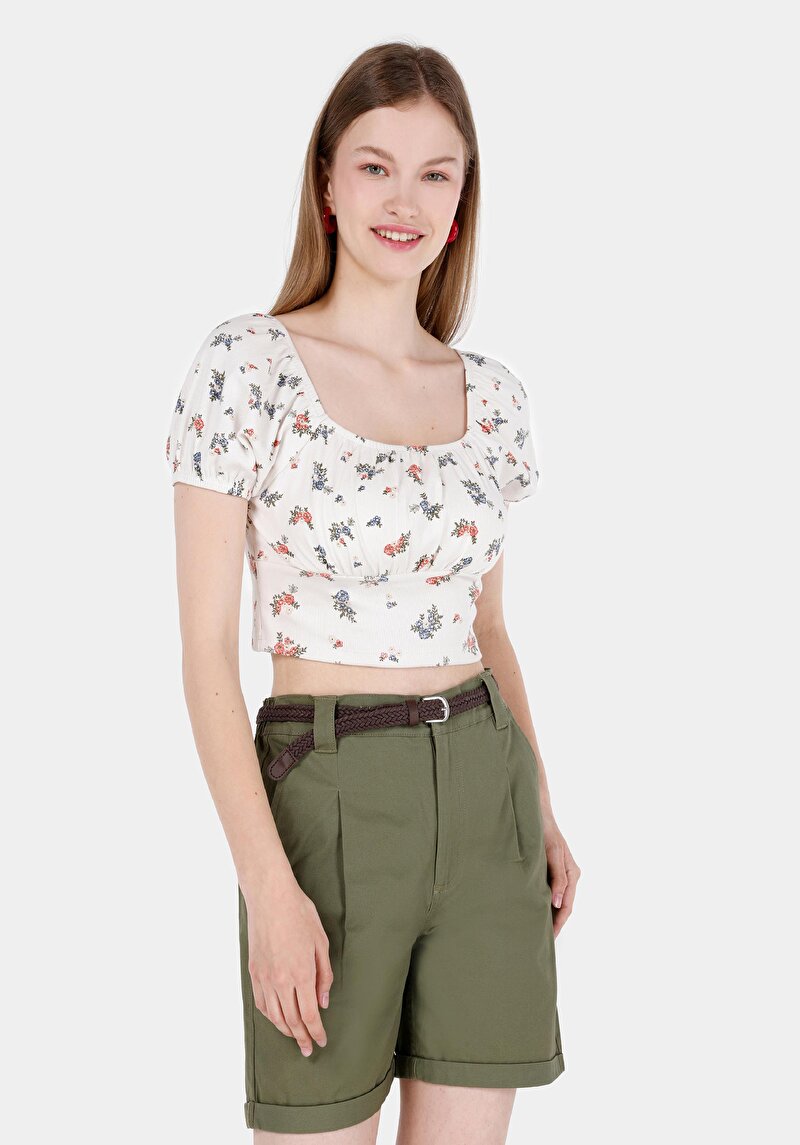 Slim Fit Kare Yaka Çiçekli Kadın Ekru Karpuz Tişört