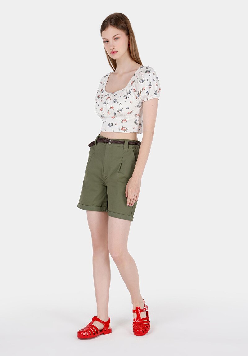 Slim Fit Kare Yaka Çiçekli Kadın Ekru Karpuz Tişört