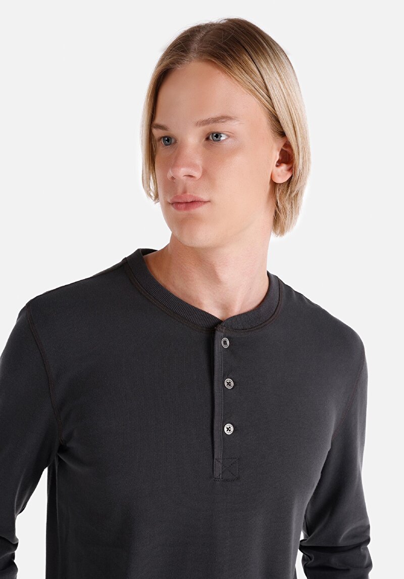 Slim Fit Düğmeli Yaka Düz Erkek Antrasit Uzun Kol Tişört