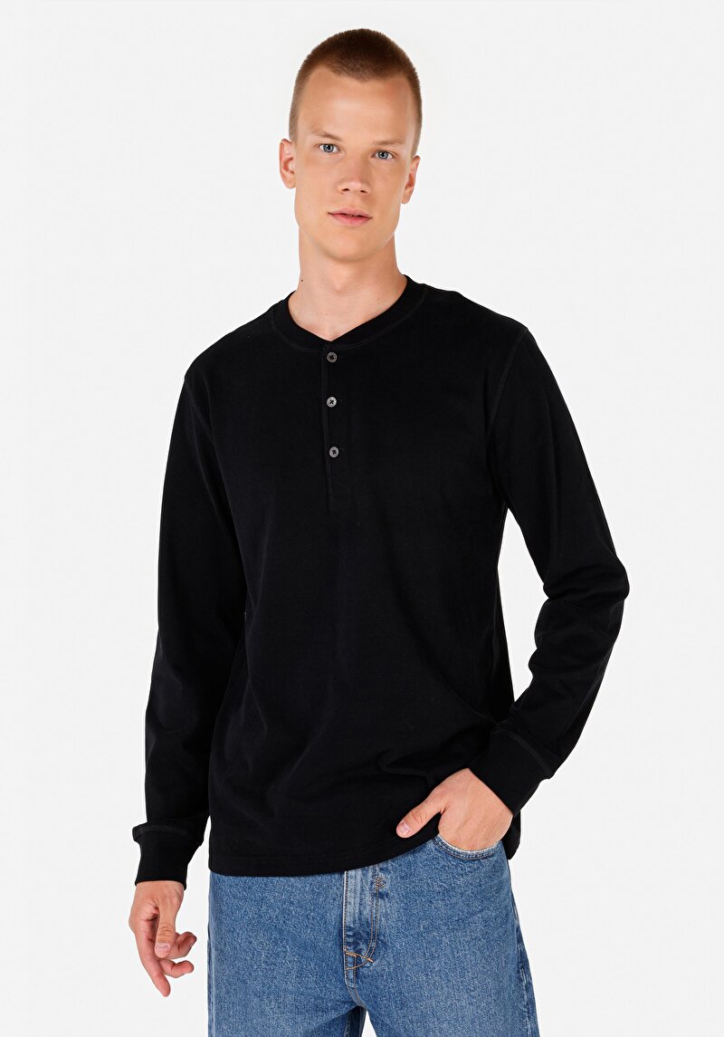 Slim Fit Düğmeli Yaka Düz Erkek Siyah Uzun Kol Tişört