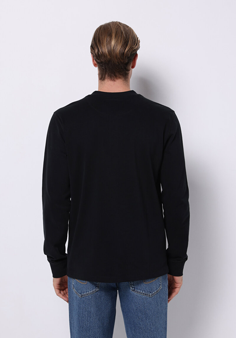 Slim Fit Düğmeli Yaka Düz Erkek Siyah Uzun Kol Tişört