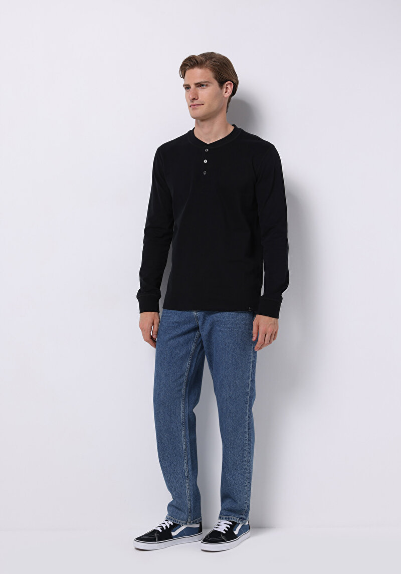 Slim Fit Düğmeli Yaka Düz Erkek Siyah Uzun Kol Tişört