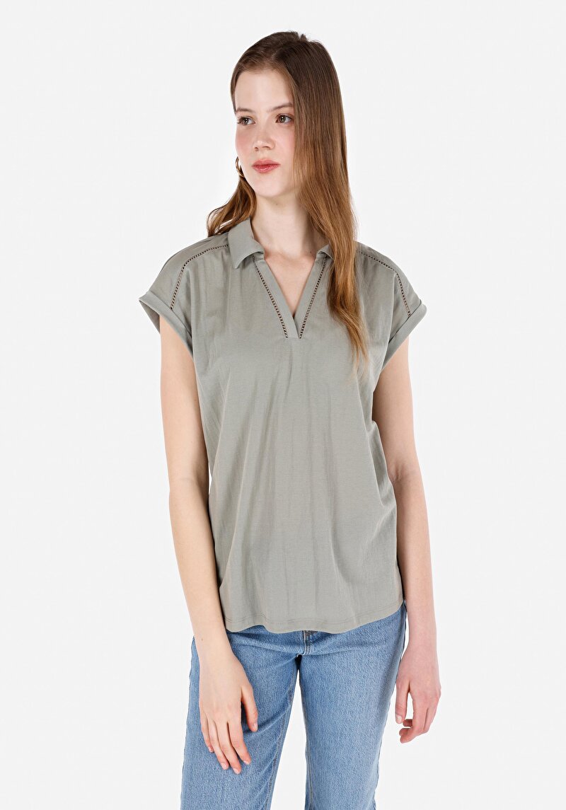 Regular Fit Placket Neck Düz Kadın Yeşil Kısa Kol Tişört
