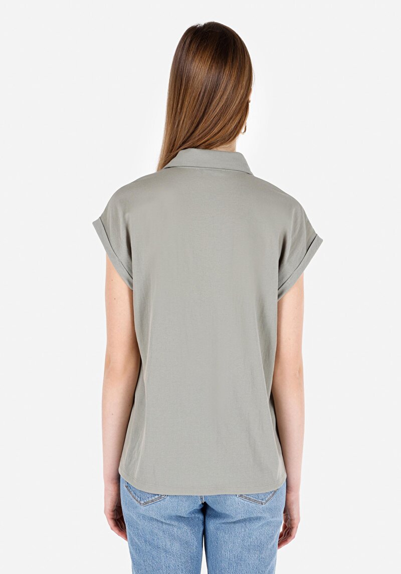 Regular Fit Placket Neck Düz Kadın Yeşil Kısa Kol Tişört