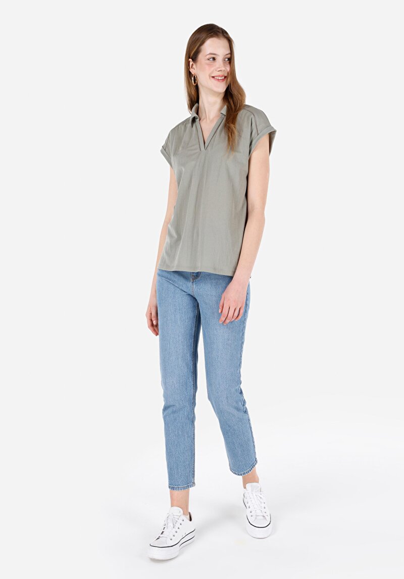 Regular Fit Placket Neck Düz Kadın Yeşil Kısa Kol Tişört