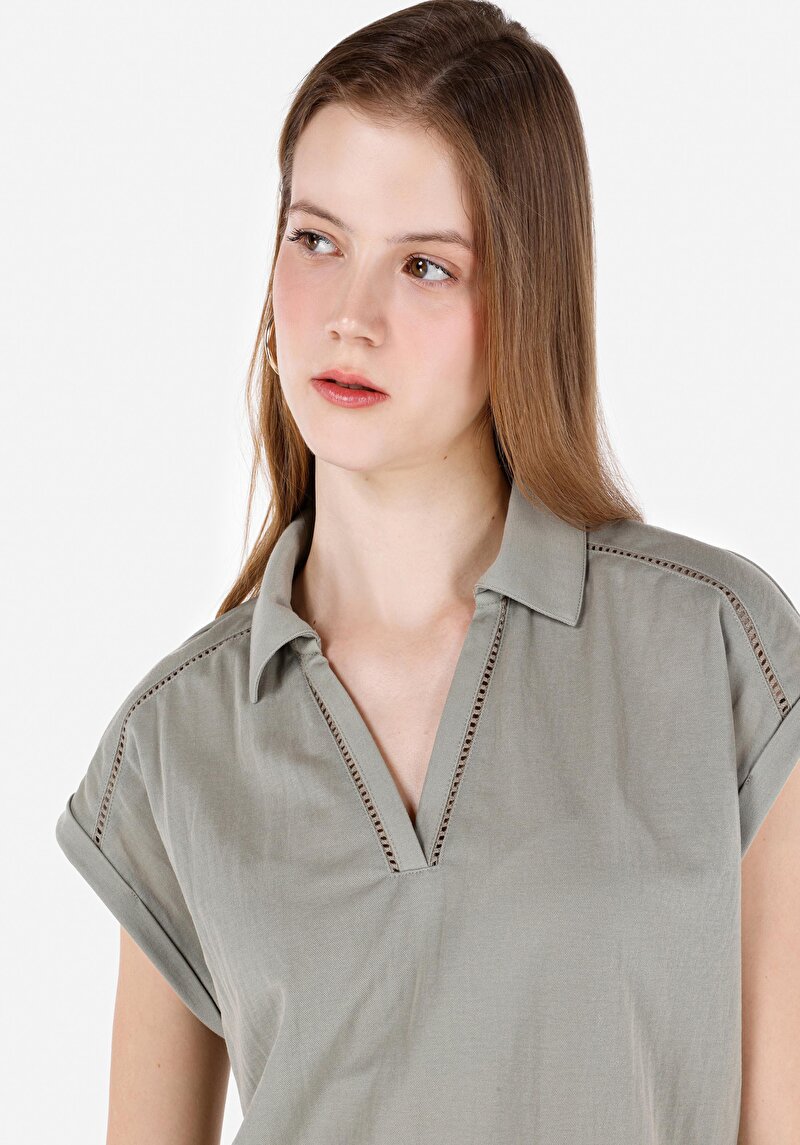 Regular Fit Placket Neck Düz Kadın Yeşil Kısa Kol Tişört