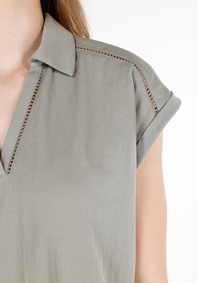 Regular Fit Placket Neck Düz Kadın Yeşil Kısa Kol Tişört