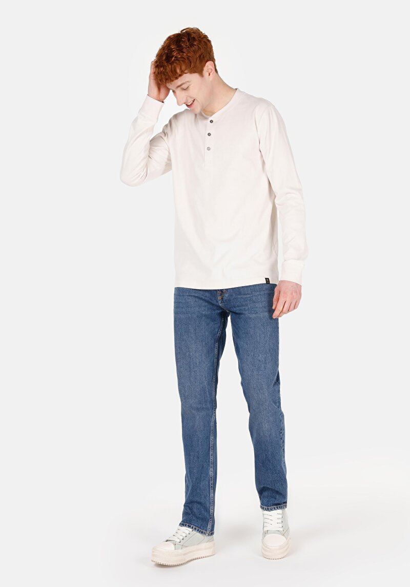 Slim Fit Düğmeli Yaka Düz Erkek Beyaz Uzun Kol Tişört