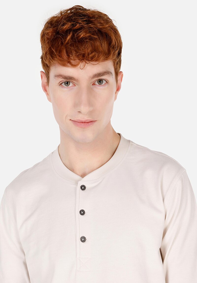 Slim Fit Düğmeli Yaka Düz Erkek Beyaz Uzun Kol Tişört