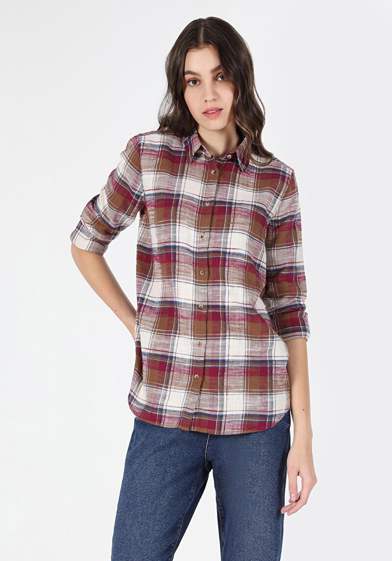 Regular Fit Cepsiz Shirt Neck Ekoseli Kadın Bordo Uzun Kol Gömlek