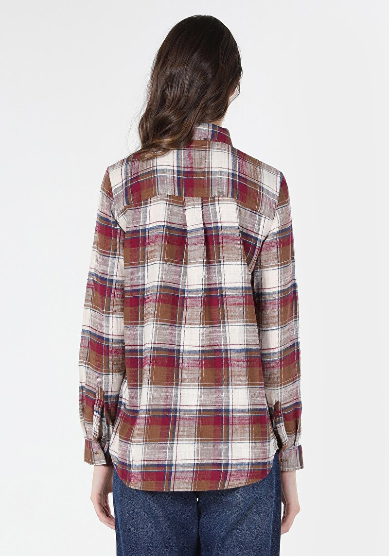 Regular Fit Cepsiz Shirt Neck Ekoseli Kadın Bordo Uzun Kol Gömlek
