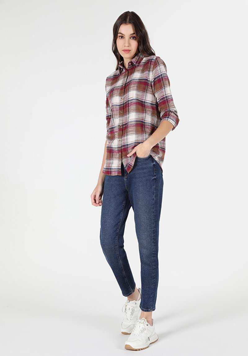 Regular Fit Cepsiz Shirt Neck Ekoseli Kadın Bordo Uzun Kol Gömlek