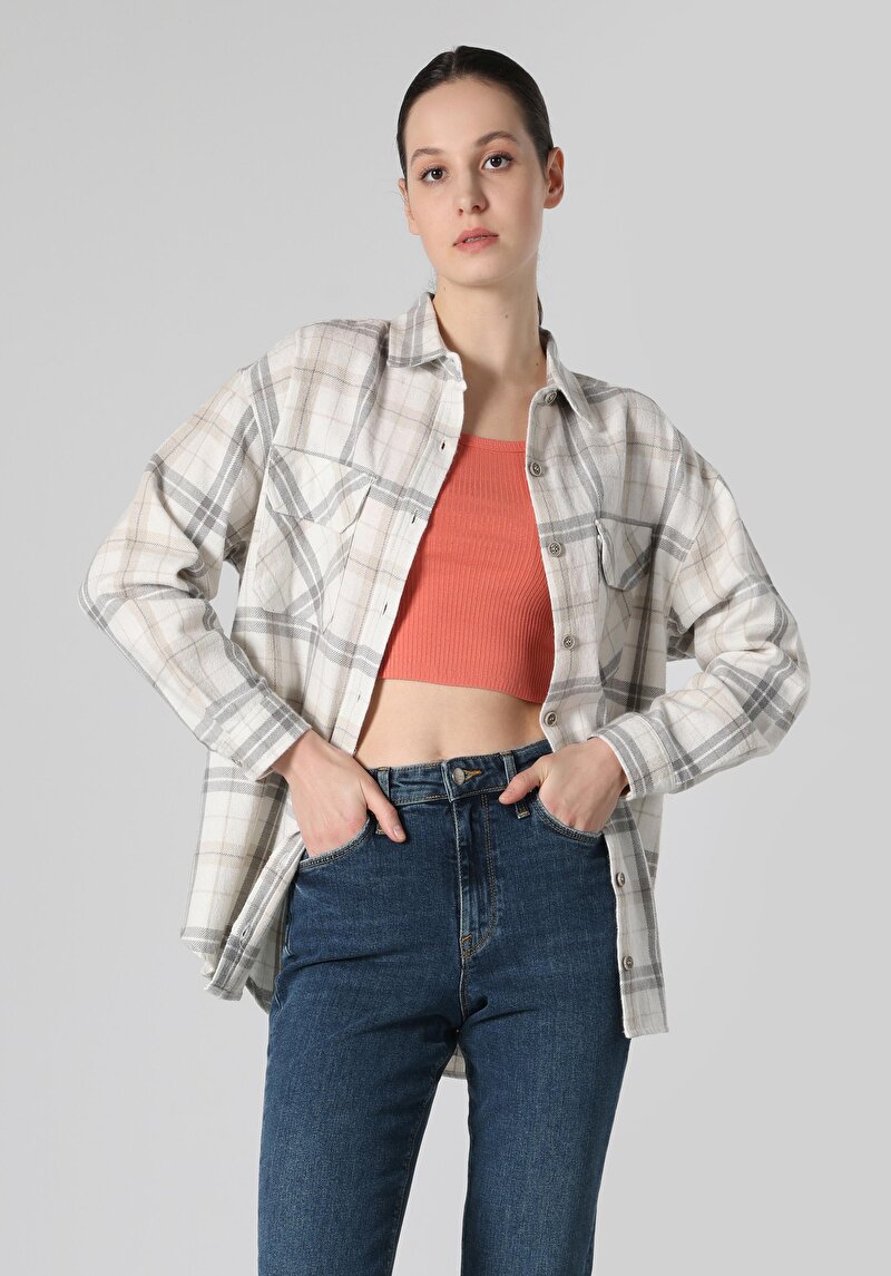 Regular Fit Shirt Neck Ekoseli Kadın Bej Uzun Kol Gömlek