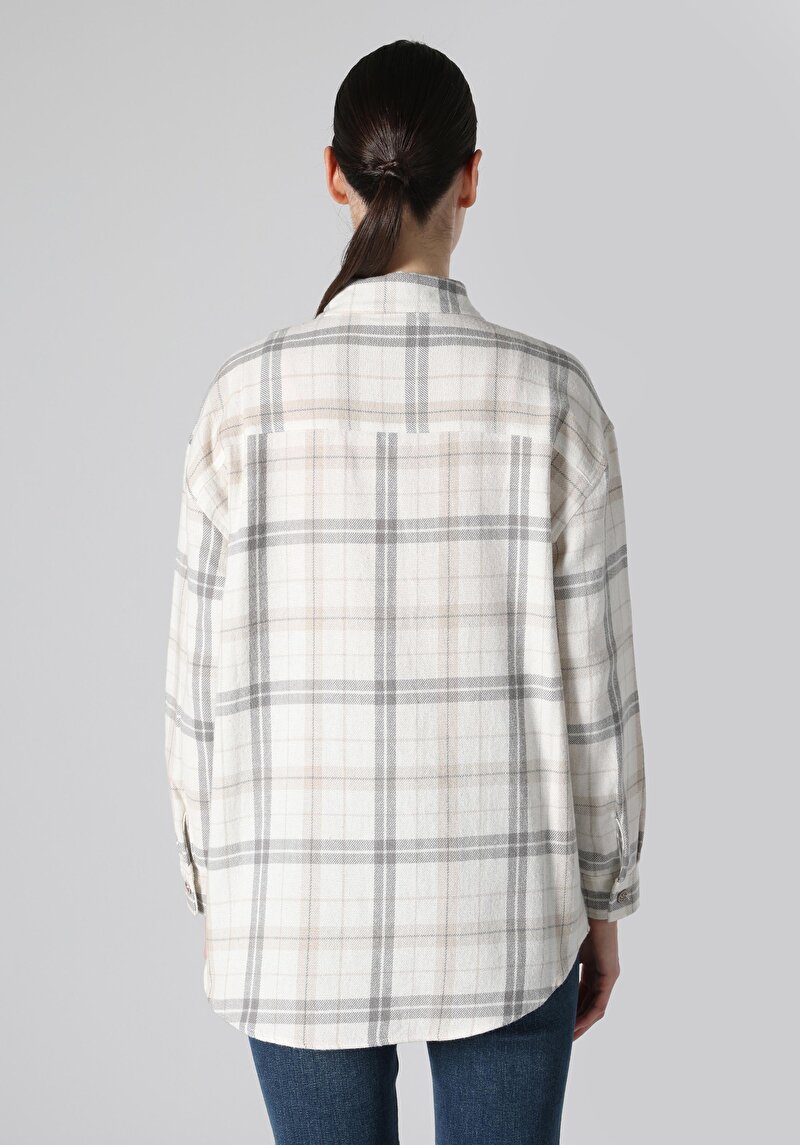 Regular Fit Shirt Neck Ekoseli Kadın Bej Uzun Kol Gömlek