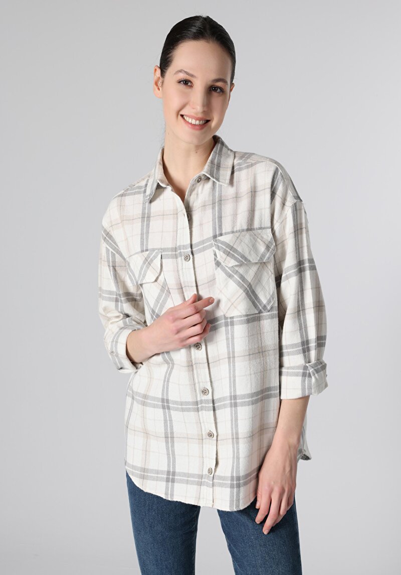 Regular Fit Shirt Neck Ekoseli Kadın Bej Uzun Kol Gömlek