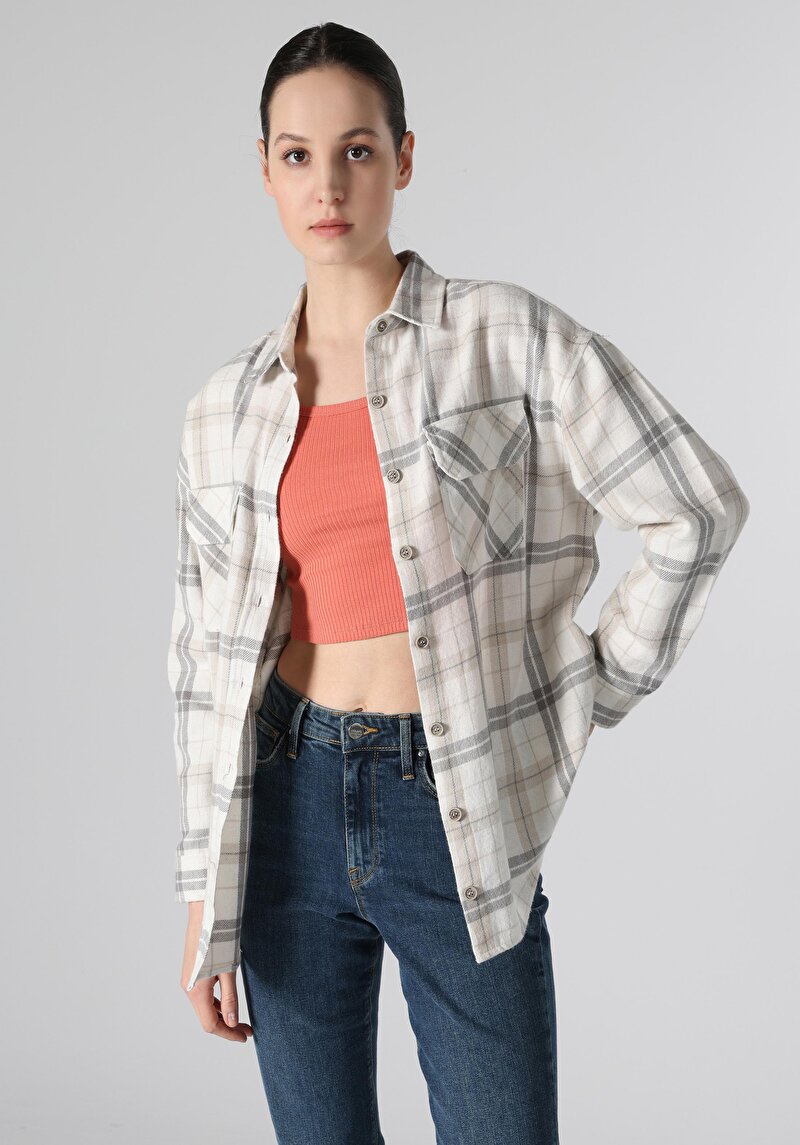 Regular Fit Shirt Neck Ekoseli Kadın Bej Uzun Kol Gömlek