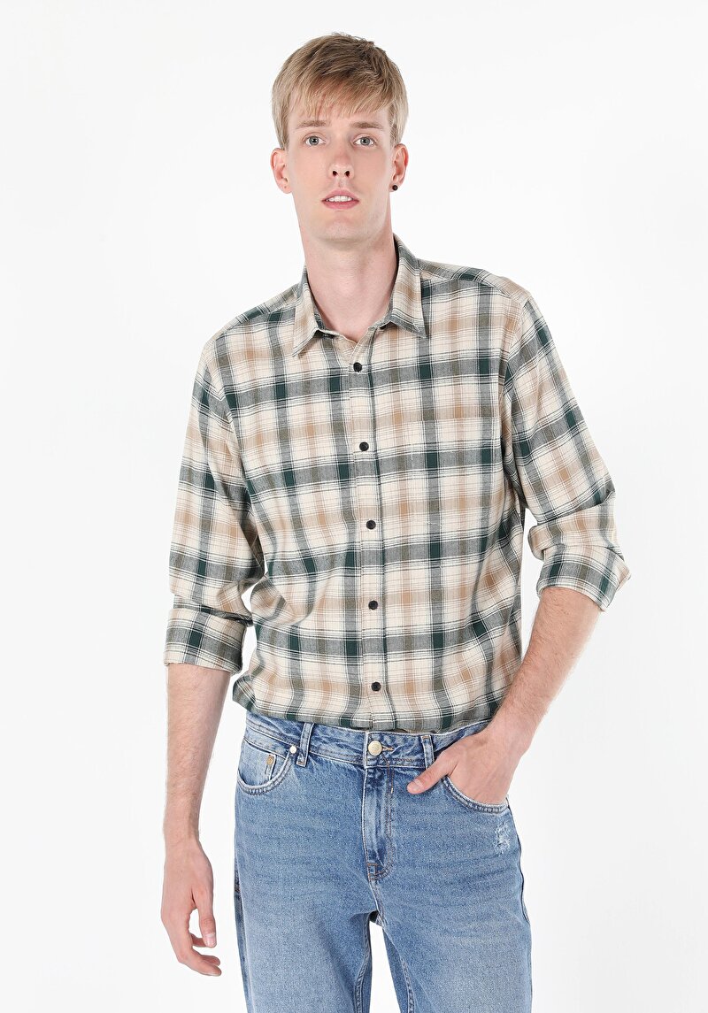 Regular Fit Pamuklu Cepli Shirt Neck Ekoseli Erkek Yeşil Uzun Kol Gömlek