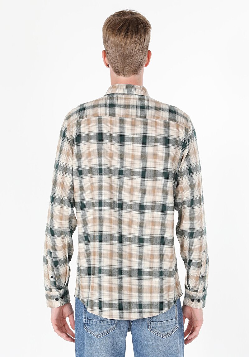 Regular Fit Pamuklu Cepli Shirt Neck Ekoseli Erkek Yeşil Uzun Kol Gömlek