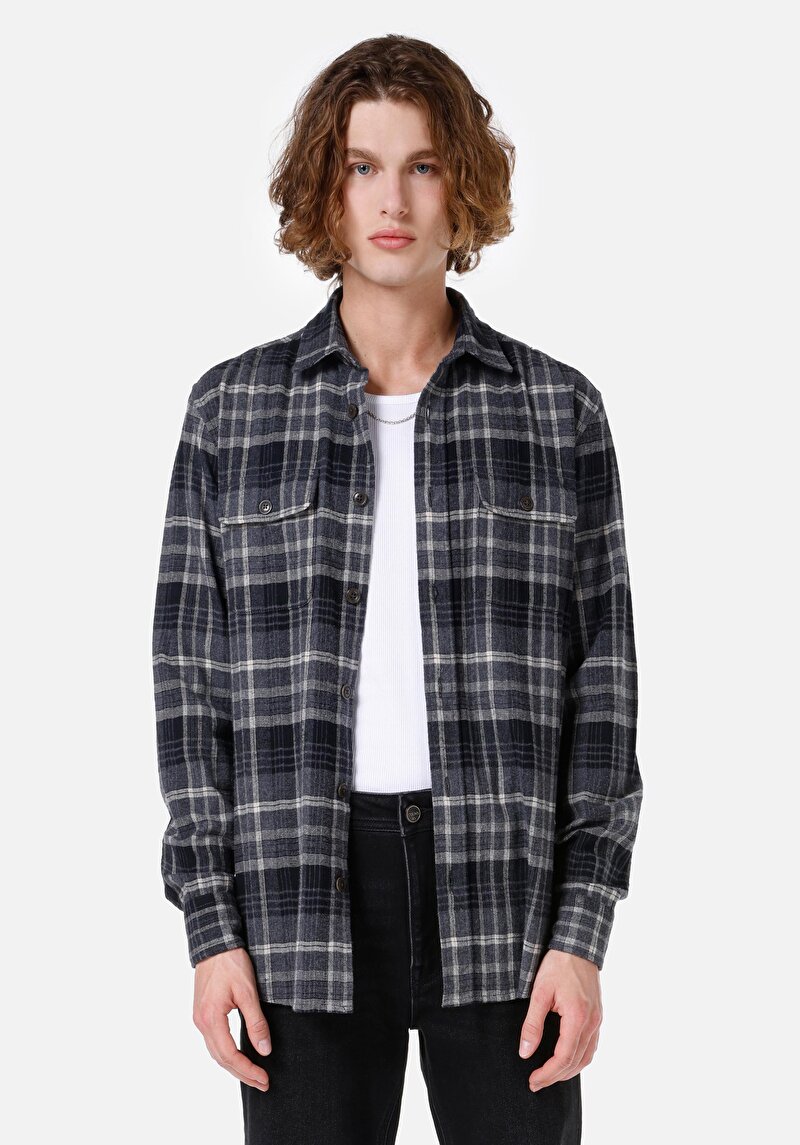 Regular Fit Shirt Neck Ekoseli Erkek Antrasit Uzun Kol Gömlek