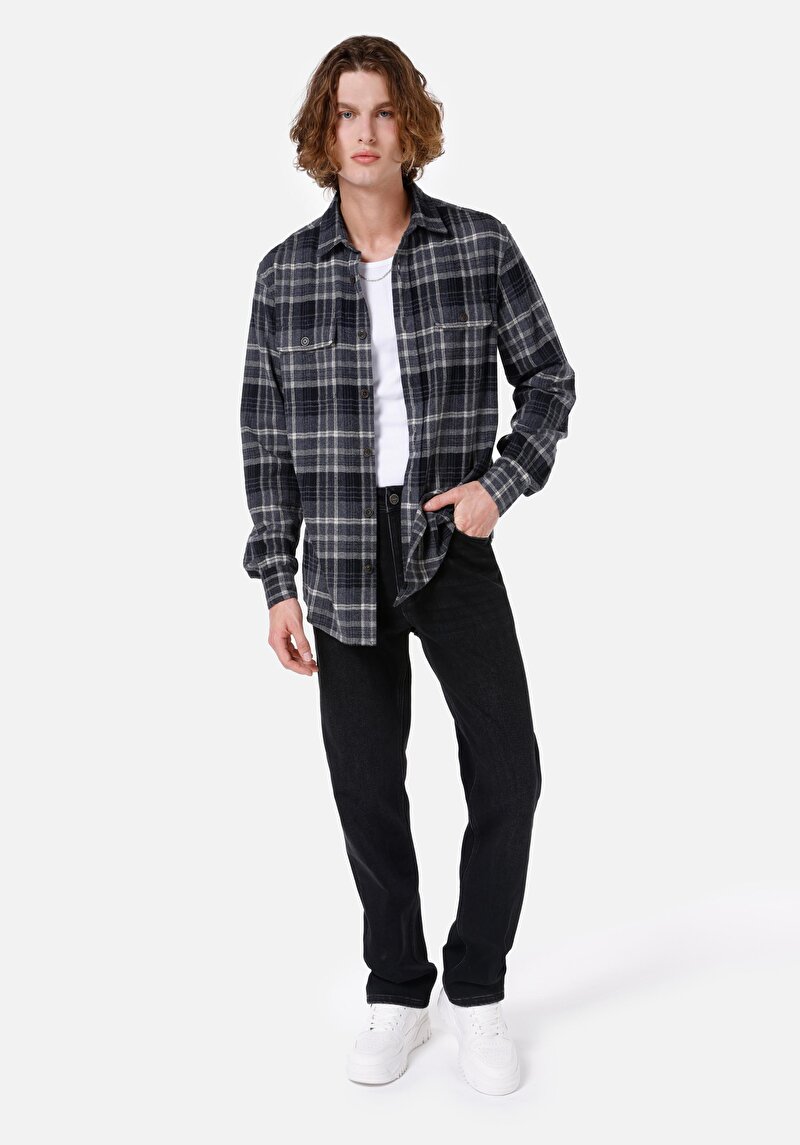 Regular Fit Shirt Neck Ekoseli Erkek Antrasit Uzun Kol Gömlek