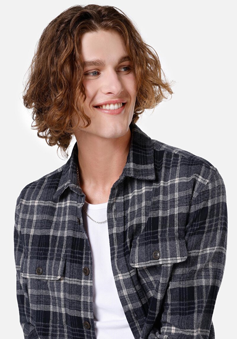 Regular Fit Shirt Neck Ekoseli Erkek Antrasit Uzun Kol Gömlek