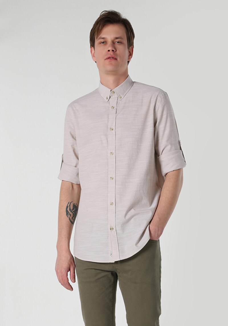 Regular Fit Shirt Neck Düz Erkek Bej Roll-Up Gömlek