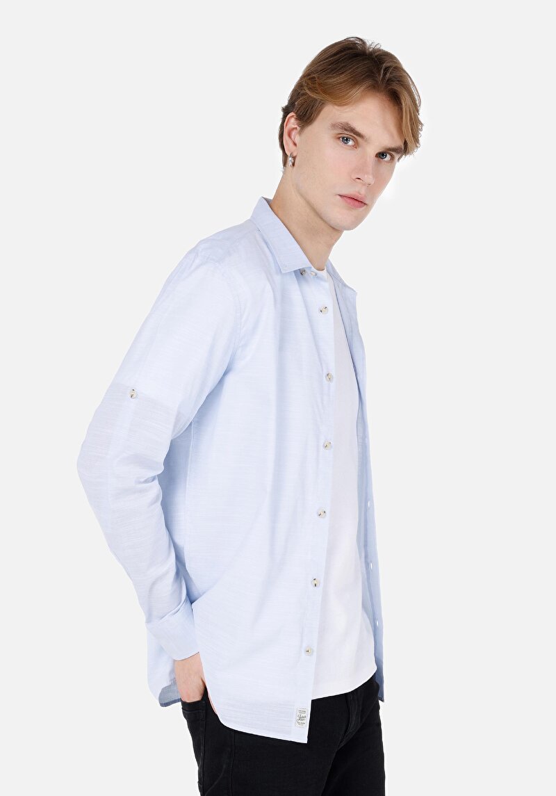 Regular Fit Shirt Neck Düz Erkek Mavi Roll-Up Gömlek
