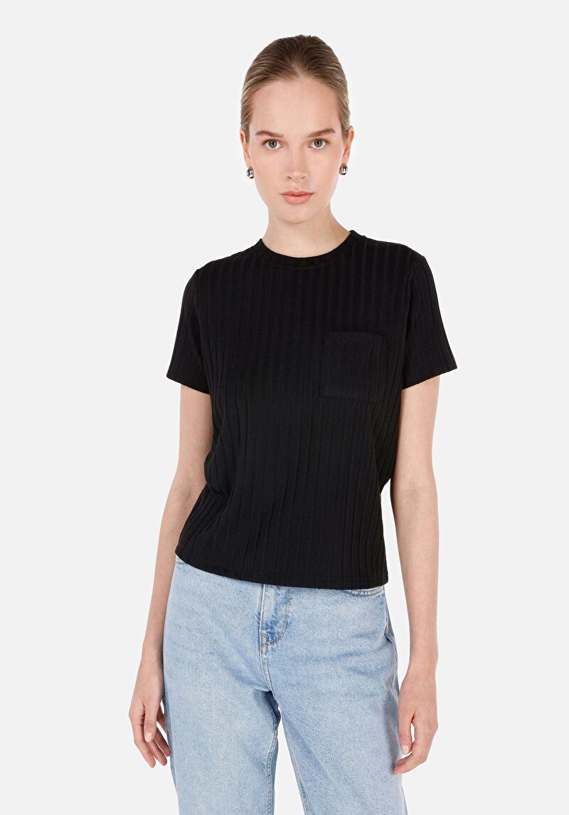 Regular Fit Yuvarlak Yaka Kadın Siyah Kısa Kol Tişört