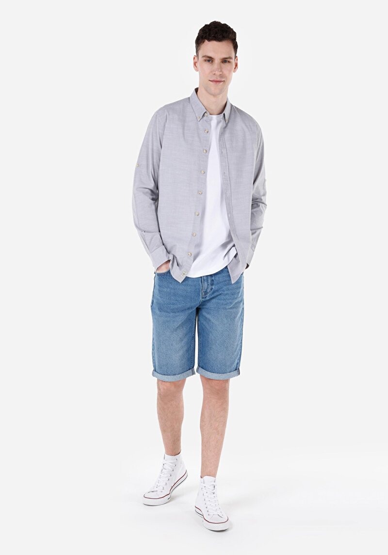 Regular Fit Shirt Neck Düz Erkek Taş Roll-Up Gömlek