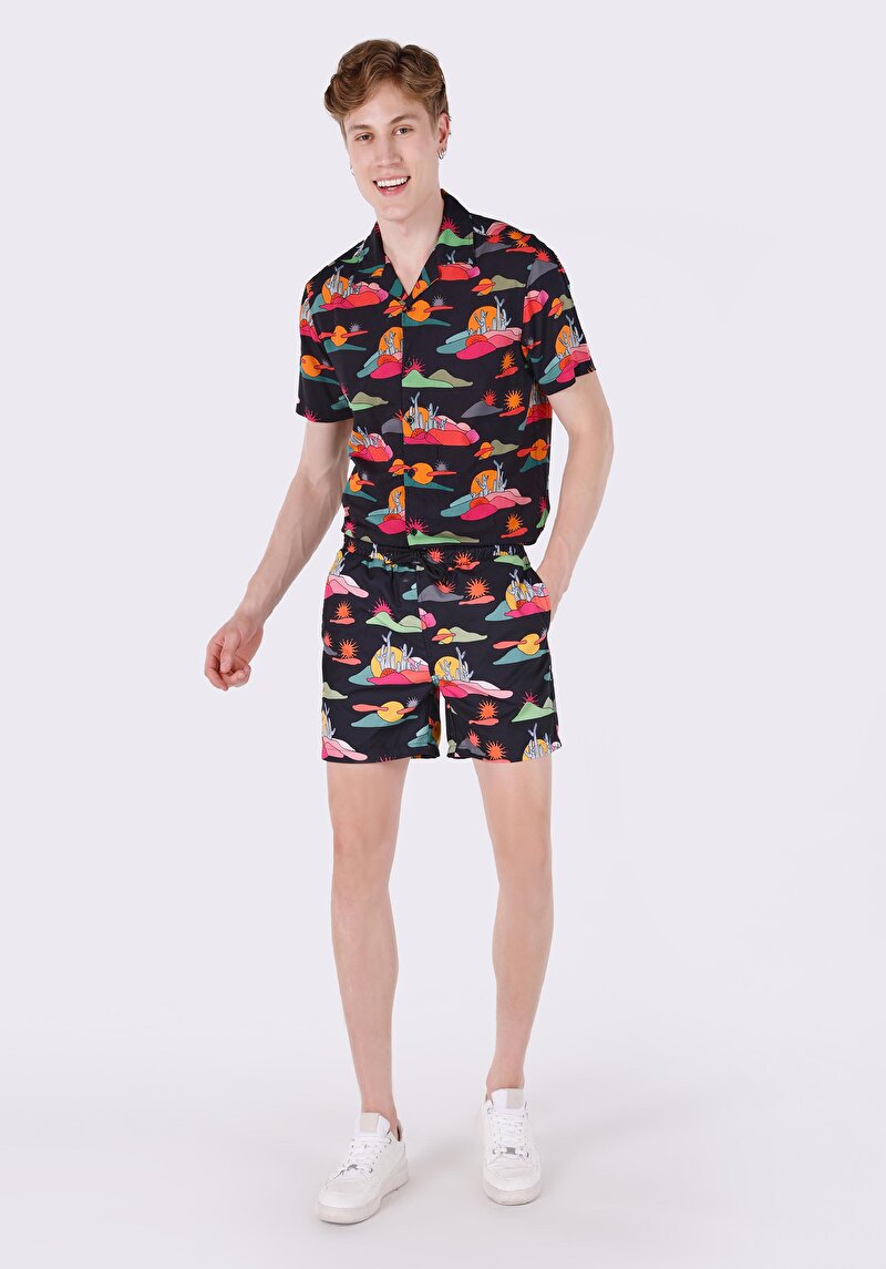 Slim Fit Baskılı Erkek Çok Renkli Deniz Şortu